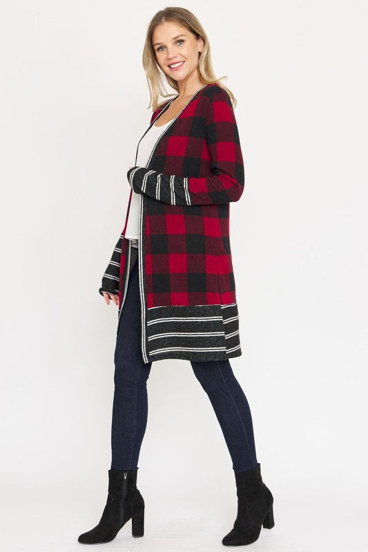 Women's Long Buffalo Plaid Open Cardigan with Stripe Trim