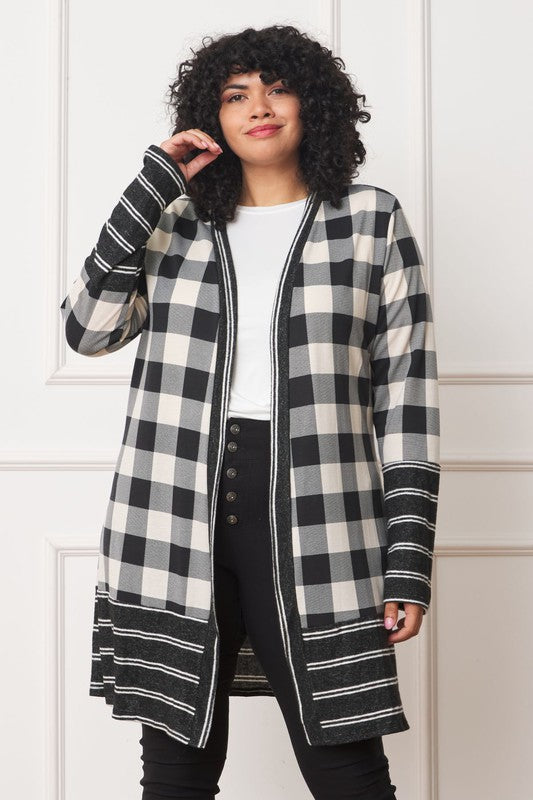 Women's Long Buffalo Plaid Open Cardigan with Stripe Trim