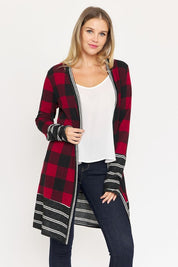 Women's Long Buffalo Plaid Open Cardigan with Stripe Trim