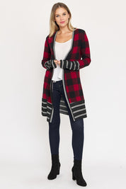 Women's Long Buffalo Plaid Open Cardigan with Stripe Trim