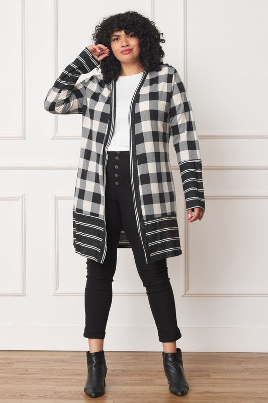 Women's Long Buffalo Plaid Open Cardigan with Stripe Trim