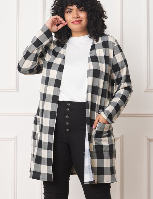 Women's Long Buffalo Plaid Open Cardigan