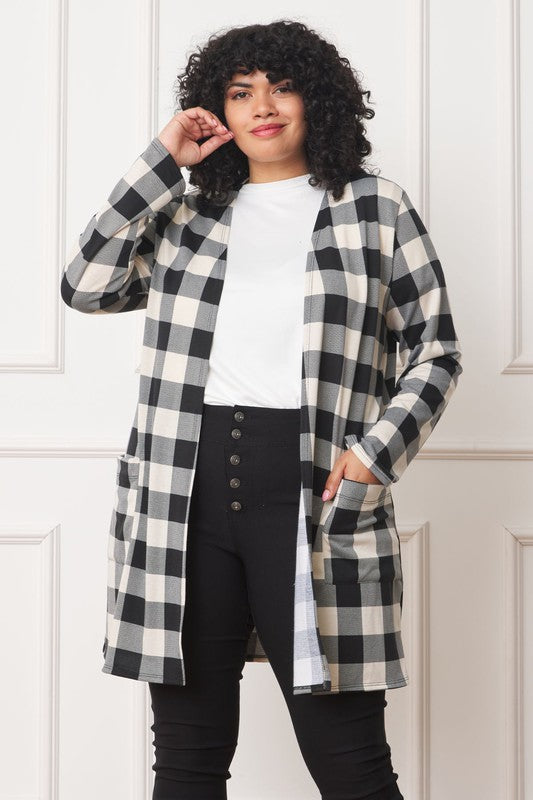 Women's Long Buffalo Plaid Open Cardigan