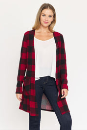 Women's Long Red Buffalo Plaid Open Cardigan