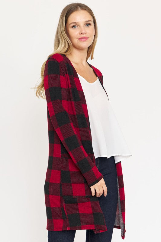 Women's Long Buffalo Plaid Open Cardigan