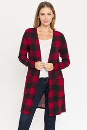 Women's Long Buffalo Plaid Open Cardigan