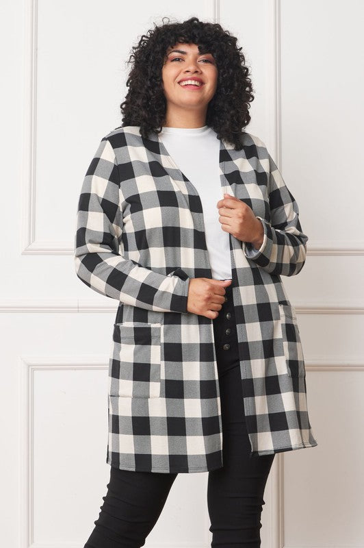 Women's Long Buffalo Plaid Open Cardigan