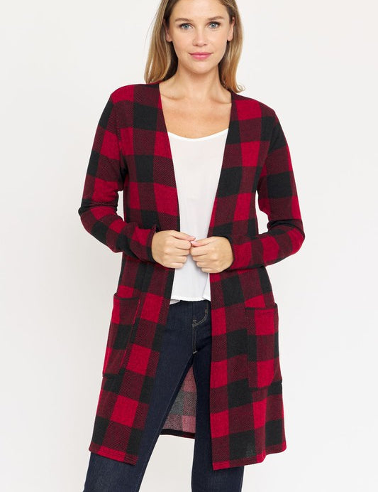 Women's Long Red Buffalo Plaid Open Cardigan