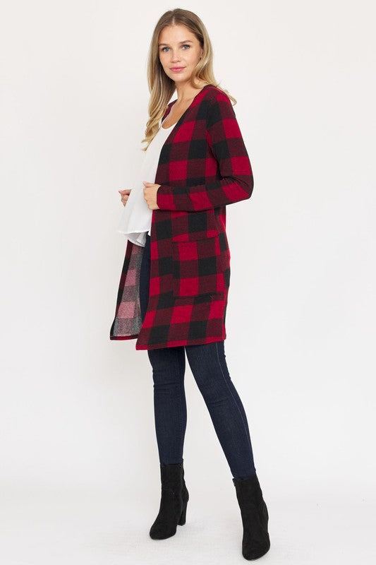 Women's Long Buffalo Plaid Open Cardigan