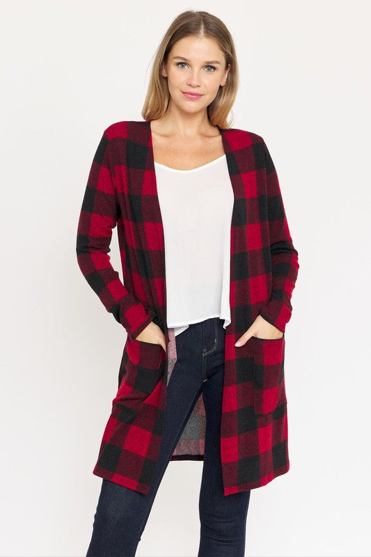 Women's Long Buffalo Plaid Open Cardigan