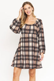 Women's Plaid Balloon Sleeve Midi Dress