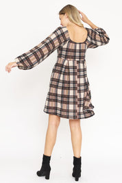 Women's Plaid Balloon Sleeve Midi Dress