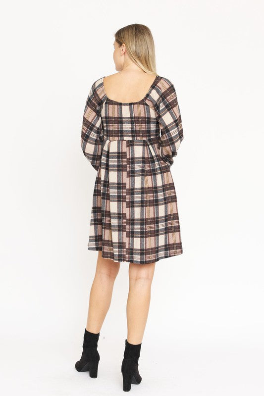 Women's Plaid Balloon Sleeve Midi Dress