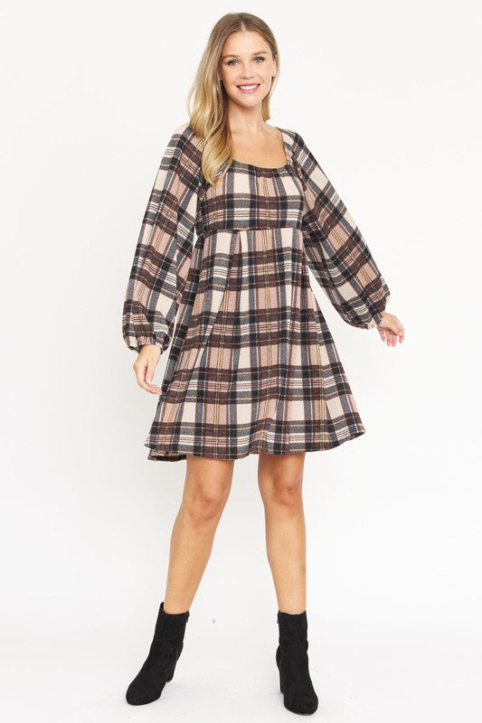 Women's Plaid Balloon Sleeve Midi Dress