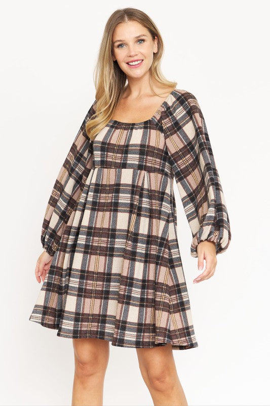 Women's Plus Size Plaid Balloon Sleeve Midi Dress