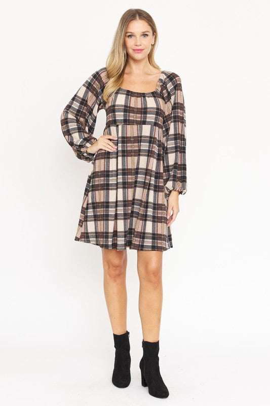 Women's Plus Size Plaid Balloon Sleeve Midi Dress