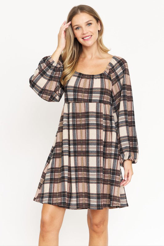 Women's Plus Size Plaid Balloon Sleeve Midi Dress