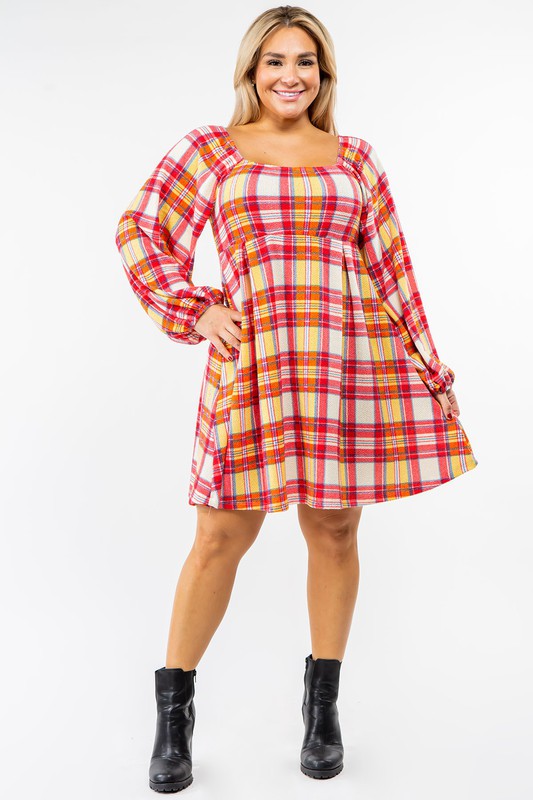 Women's Plus Size Plaid Balloon Sleeve Midi Dress