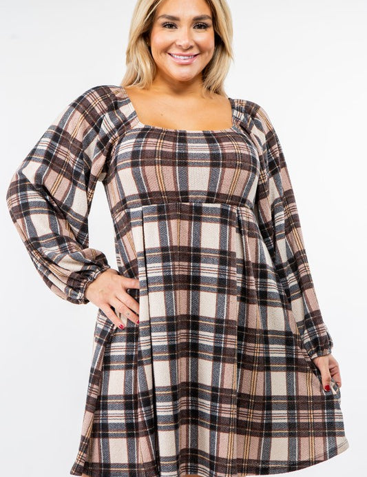 Women's Plus Size Plaid Balloon Sleeve Midi Dress