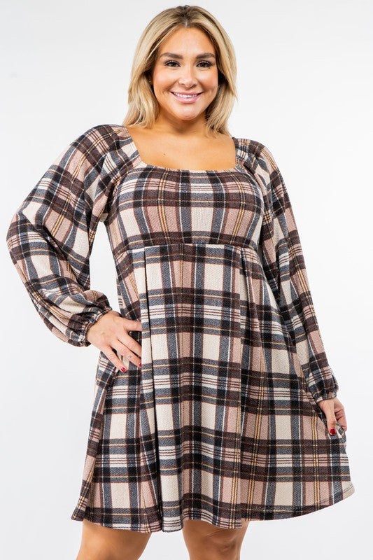 Women's Plus Size Plaid Balloon Sleeve Midi Dress