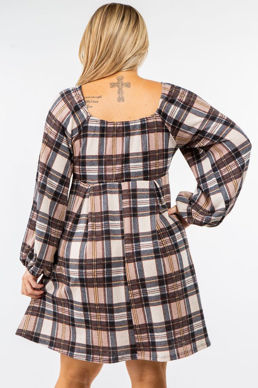 Women's Plus Size Plaid Balloon Sleeve Midi Dress