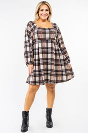 Women's Plus Size Plaid Balloon Sleeve Midi Dress