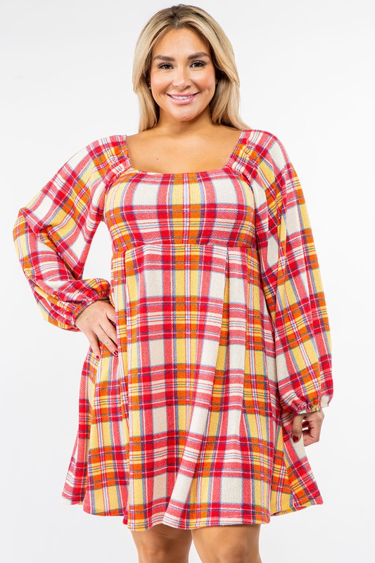 Women's Plus Size Plaid Balloon Sleeve Midi Dress