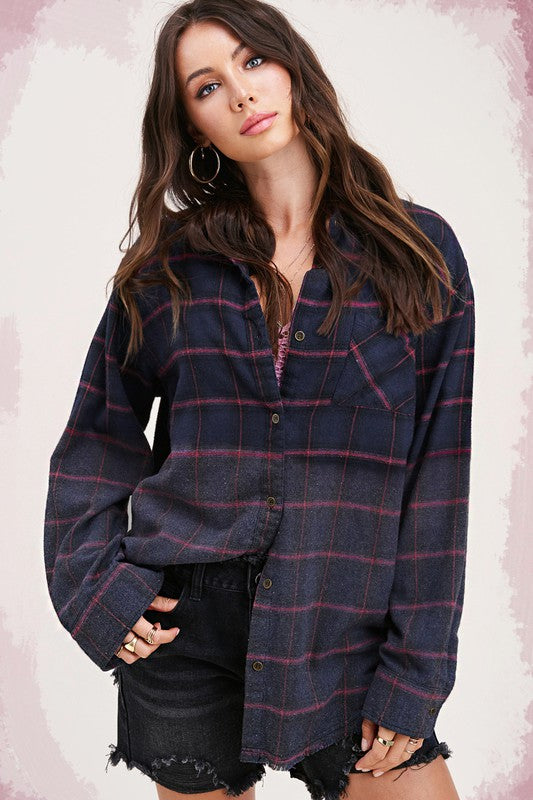 Women's Oversized Plaid Long Sleeve Button-Up Shirt