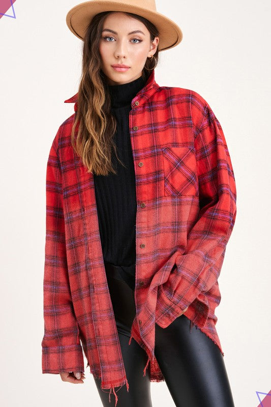 Women's Oversized Plaid Long Sleeve Button-Up Shirt