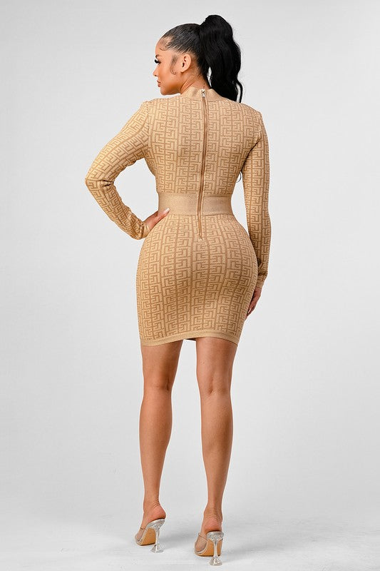 Women's Long Sleeve Gold Bandage Dress