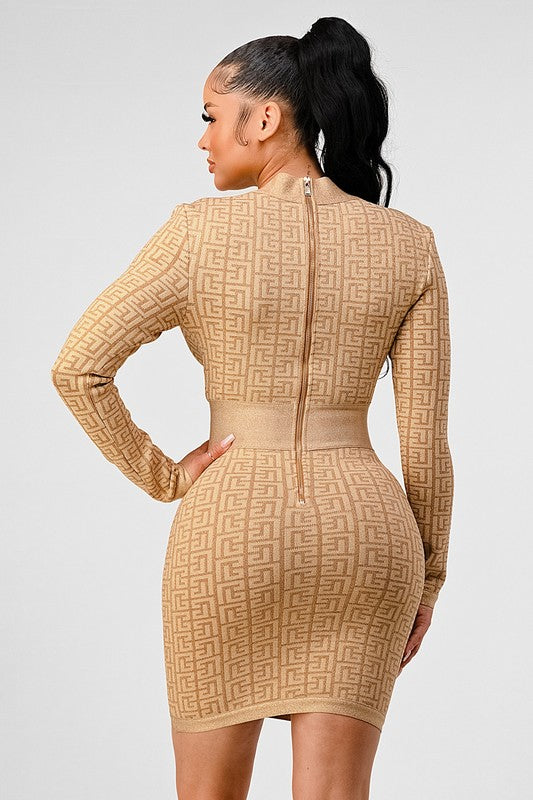 Women's Long Sleeve Gold Bandage Dress