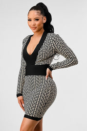 Women's Black and White Print Bandage Dress