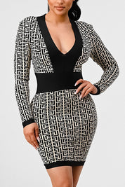 Women's Black and White Print Bandage Dress