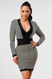 Women's Black and White Print Bandage Dress