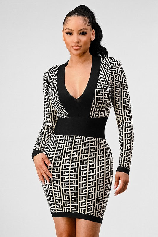 Women's Black and White Print Bandage Dress