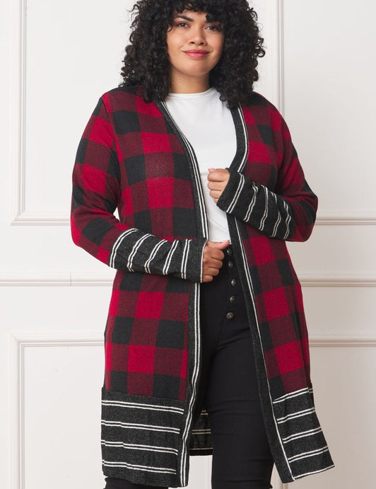 Women's Long Buffalo Plaid Open Cardigan