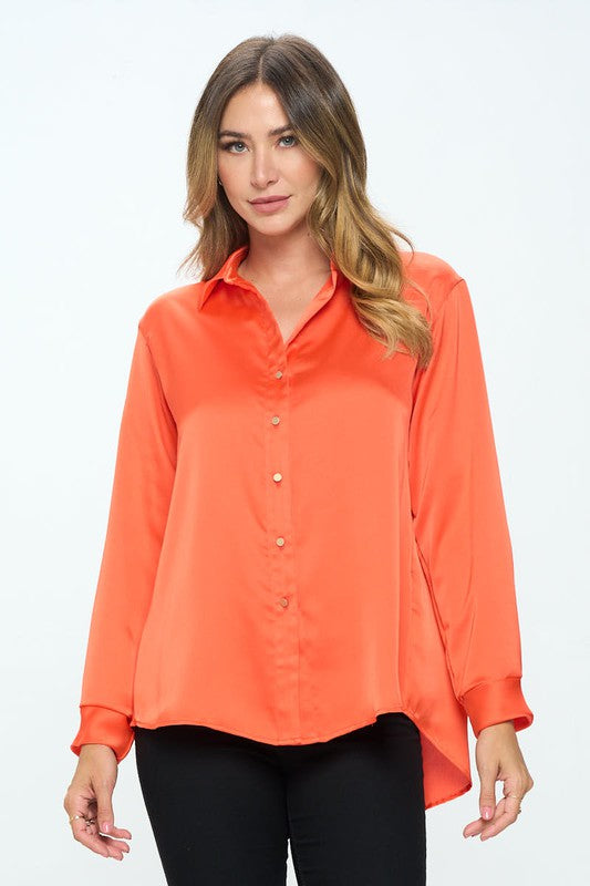 Women's Stretch Satin V Neck Blouse with Collar