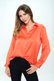 Women's Stretch Satin V Neck Blouse with Collar