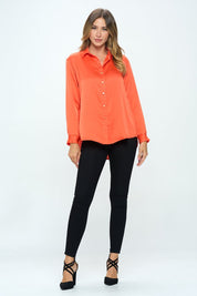 Women's Stretch Satin V Neck Blouse with Collar