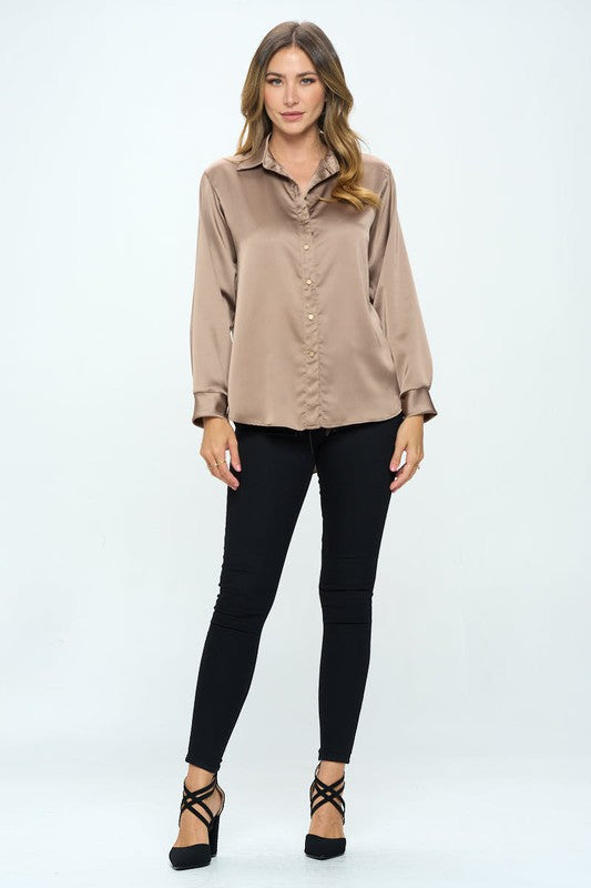 Women's Stretch Satin V Neck Blouse with Collar