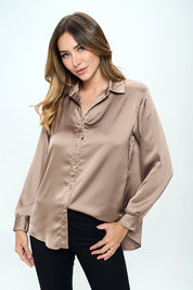 Women's Stretch Satin V Neck Blouse with Collar