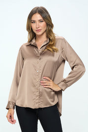 Women's Stretch Satin V Neck Blouse with Collar