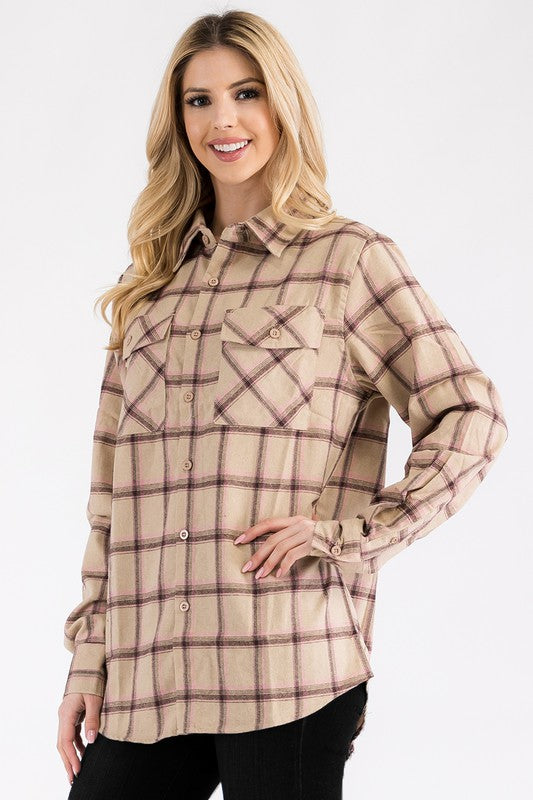 Women's Oversized Plaid Flannel Long Sleeve Shirt