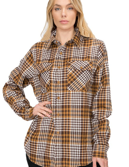 Women's Oversized Plaid Flannel Long Sleeve Shirt