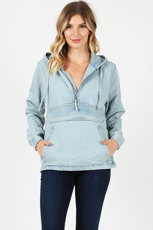 Women's Hooded Denim Jacket with Quarter Zip