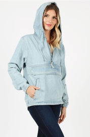 Women's Hooded Denim Jacket with Quarter Zip