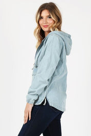 Women's Hooded Denim Jacket with Quarter Zip