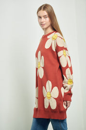 Women's Happy Face Floral Print Knit Sweater