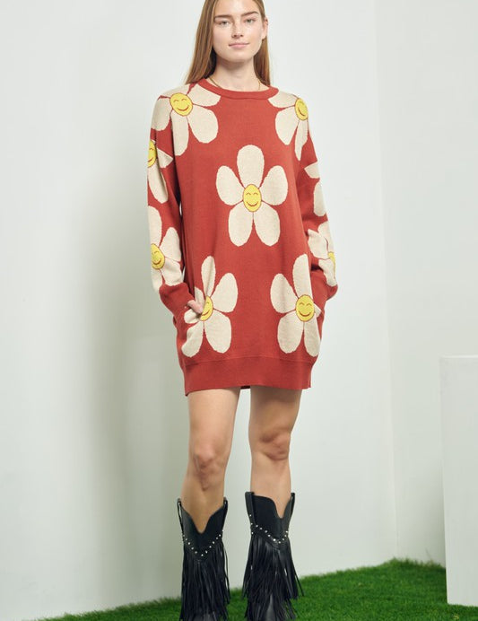 Women's Happy Face Floral Print Knit Sweater