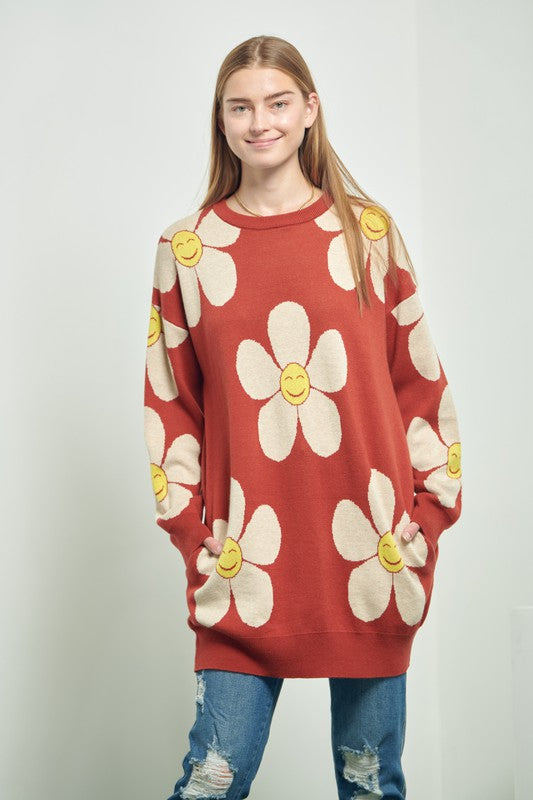 Women's Happy Face Floral Print Knit Sweater